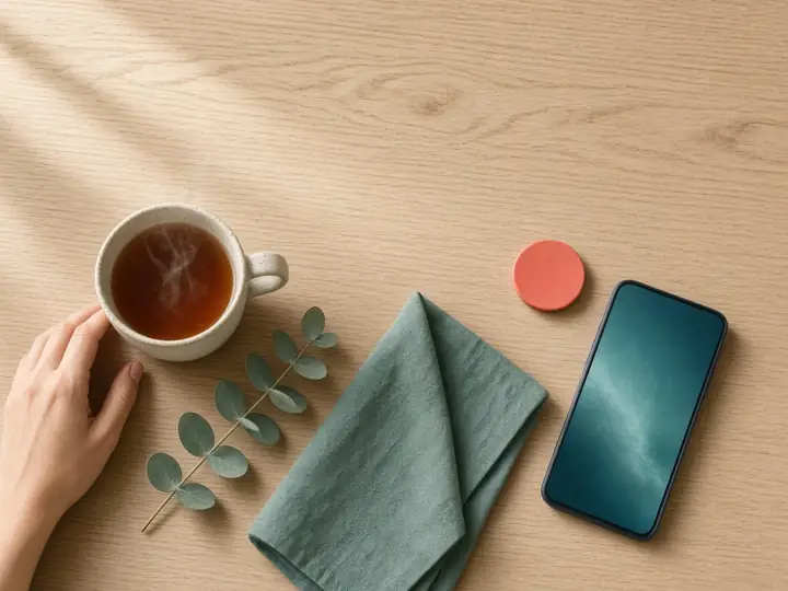 A cup of tea and a phone on a wooden table, next to a folded green napkin.