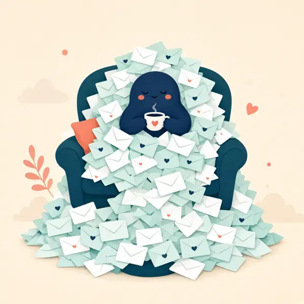 Illustration of a person with a cup of tea, buried in a pile of envelopes.
