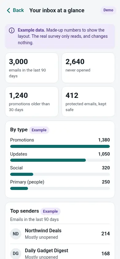 Inbox at a glance: example counts of promotions, updates, social and protected emails.